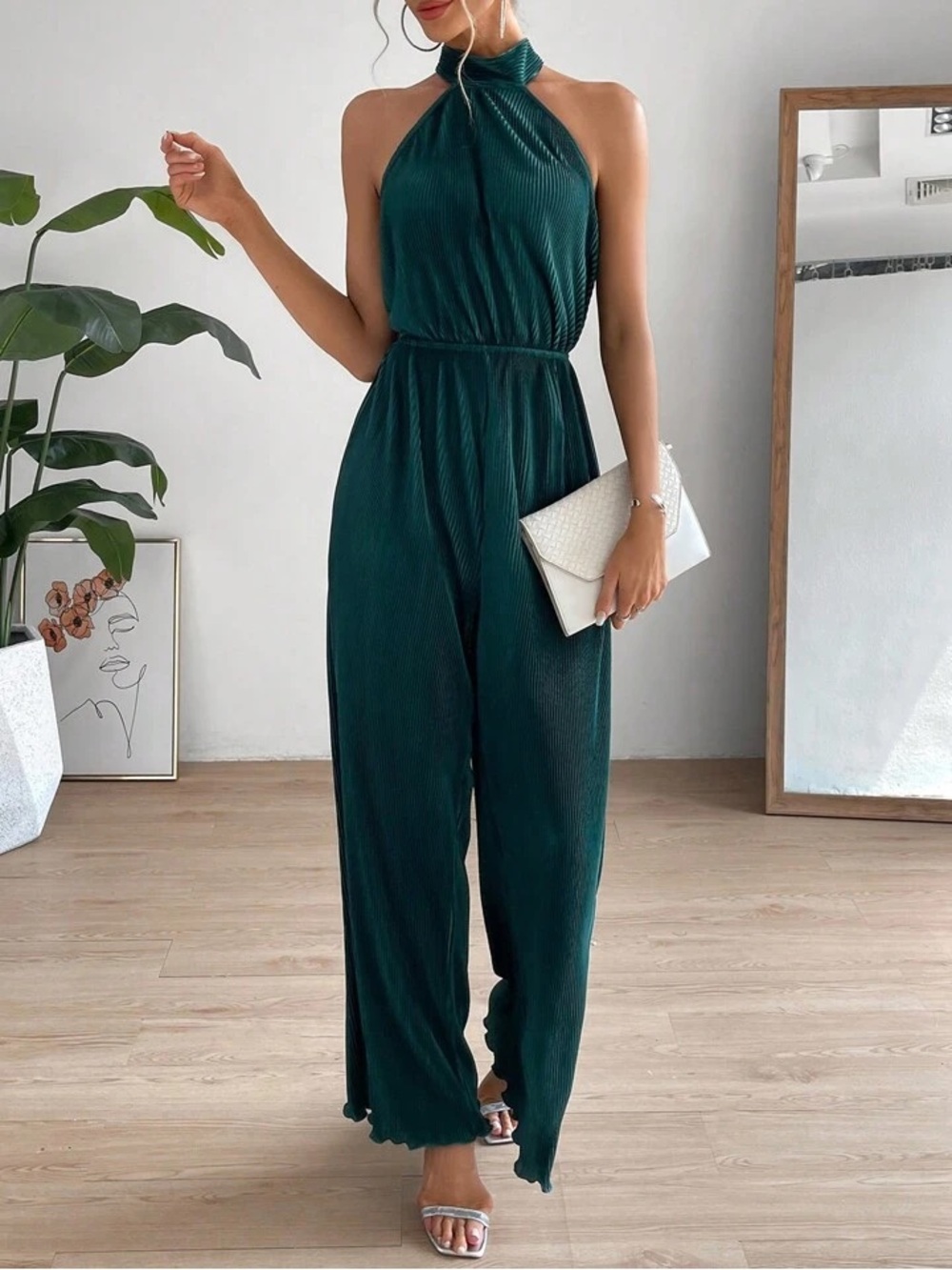 Backless Lettuce Trim Halter Jumpsuit Forest Green size S
